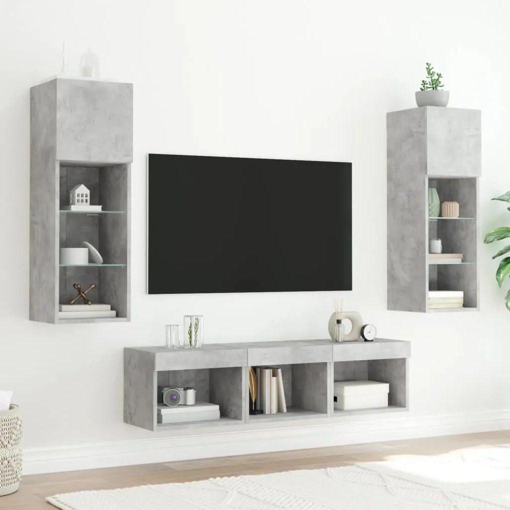5 darab betonszürke szerelt fa fali TV-bútor LED-del
