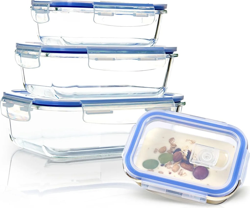 Klarstein Téglalap alakú üvegdobozok, 4 darabos készlet, 1520 ml, 1040 ml, 640 ml, 370 ml, fedéllel