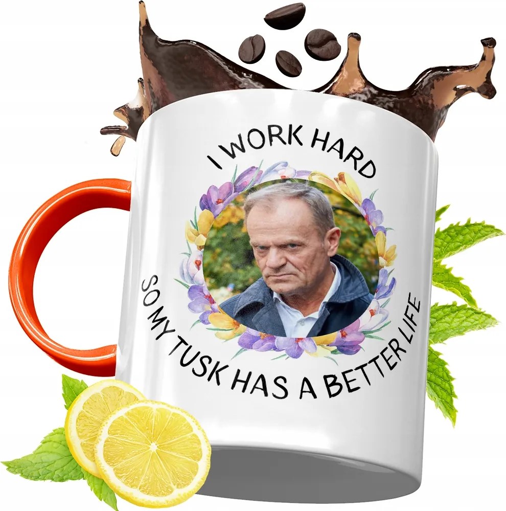 Donald Tusk Narancssárga Bögre Ajándék, fényképes nyomattal