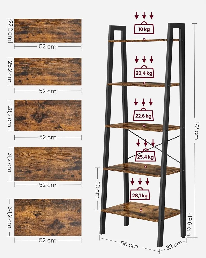 Könyvespolc, 5 szintes létrapolc, 56x34x172 cm, rusztikus barna