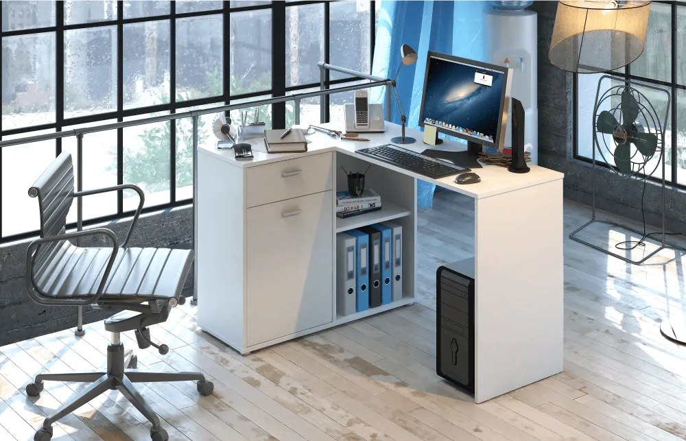 Sarok PC asztal, fehér, KALIMERO