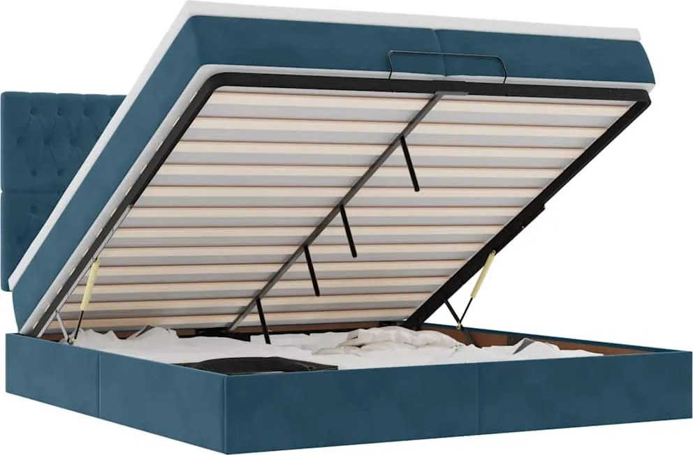 vidaXL Ottomán ágy matracokkal & LED-ek Sötétkék 200x200cm bársony