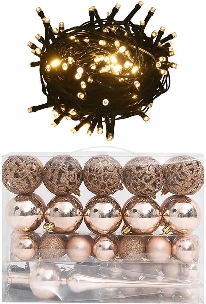 vidaXL 60 részes rózsaarany karácsonyi gömbszett csúccsal+150 LED-del