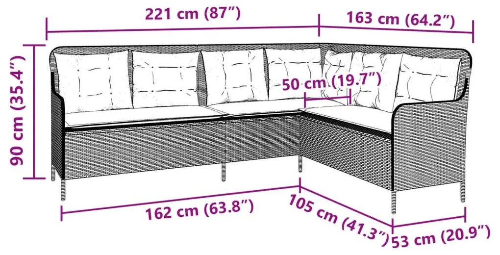 szürke polyrattan L-alakú kerti kanapé párnákkal