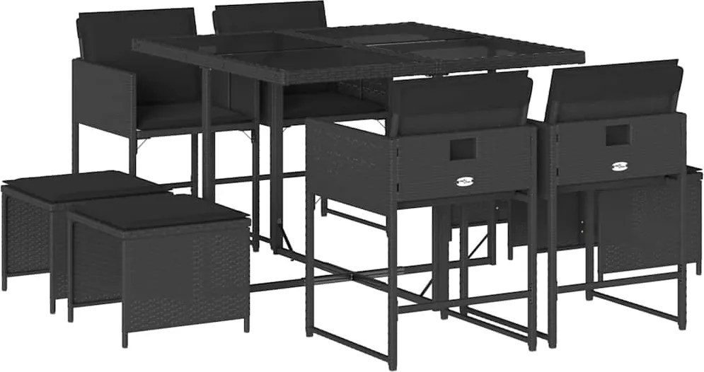 vidaXL 9 részes fekete polyrattan kerti étkezőgarnitúra párnákkal