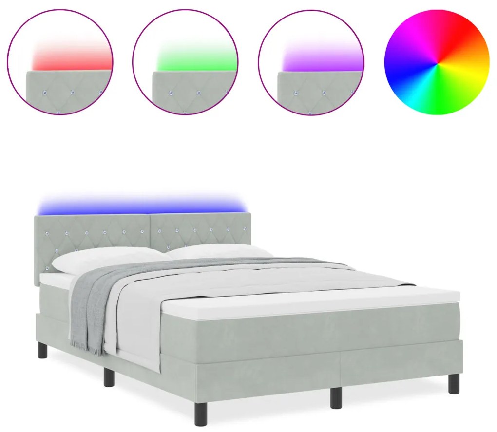 Boxspring Ágy Mattal és LED Fénnyel Világosszürke 160x200 cm Bársony