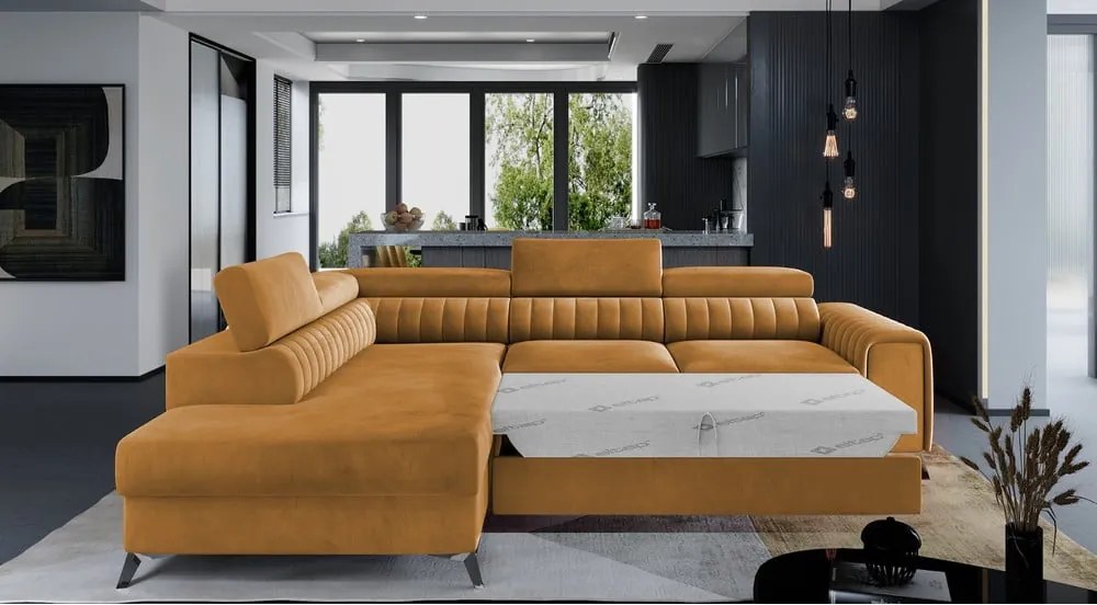 Sárga bársony kinyitható-tárolóhelyes sarokkanapé (bal oldali-L alakú) Laurence – ELTAP