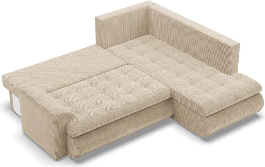 Tokio sarokkanapé, L alakú háttámlával, 2 ágyneműtartóval, kordbársony, jobboldali, bézs