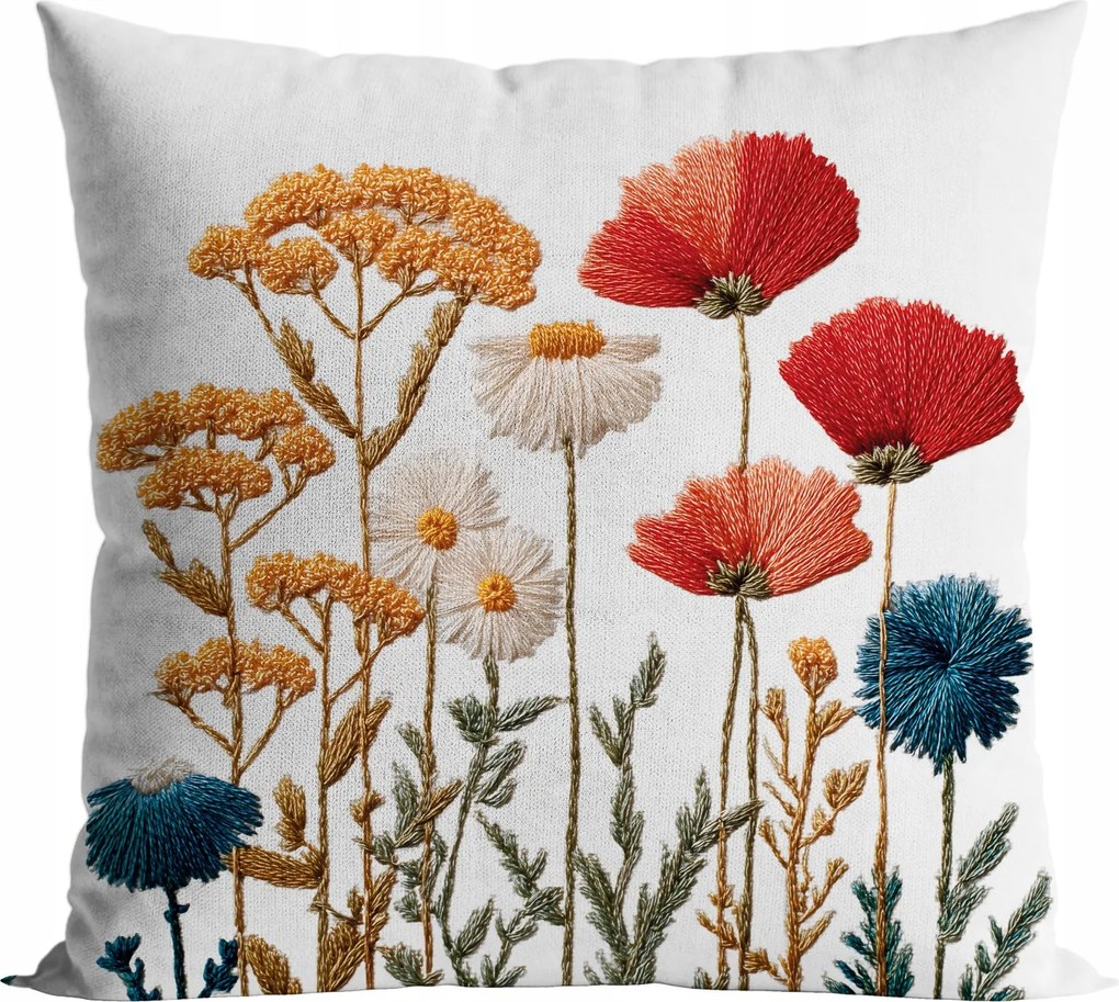 Krémszínű díszpárna virág és virágos rét motívummal, 40x40 cm