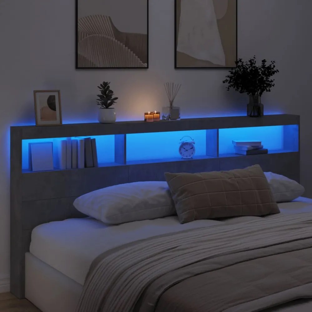 betonszürke áthidalószekrény LED-világítással 220 x 17 x 102 cm
