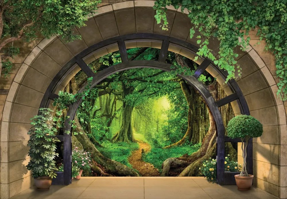 Boltíven át kilátás az erdőre poszter, fotótapéta, Vlies (208 x 146 cm)