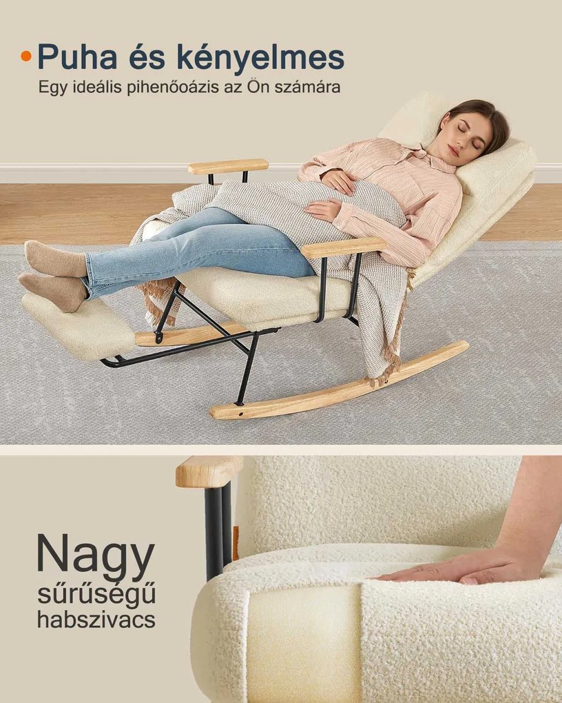Hintaszék fa lábakkal, plüss szövettel, 4 fokozatban állítható háttámlával, krémfehér
