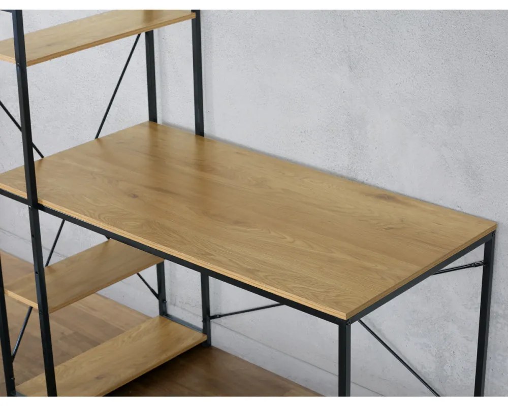 Birou cu rafturi, MDF, decor stejar, metal negru. GD-520 din Depozit