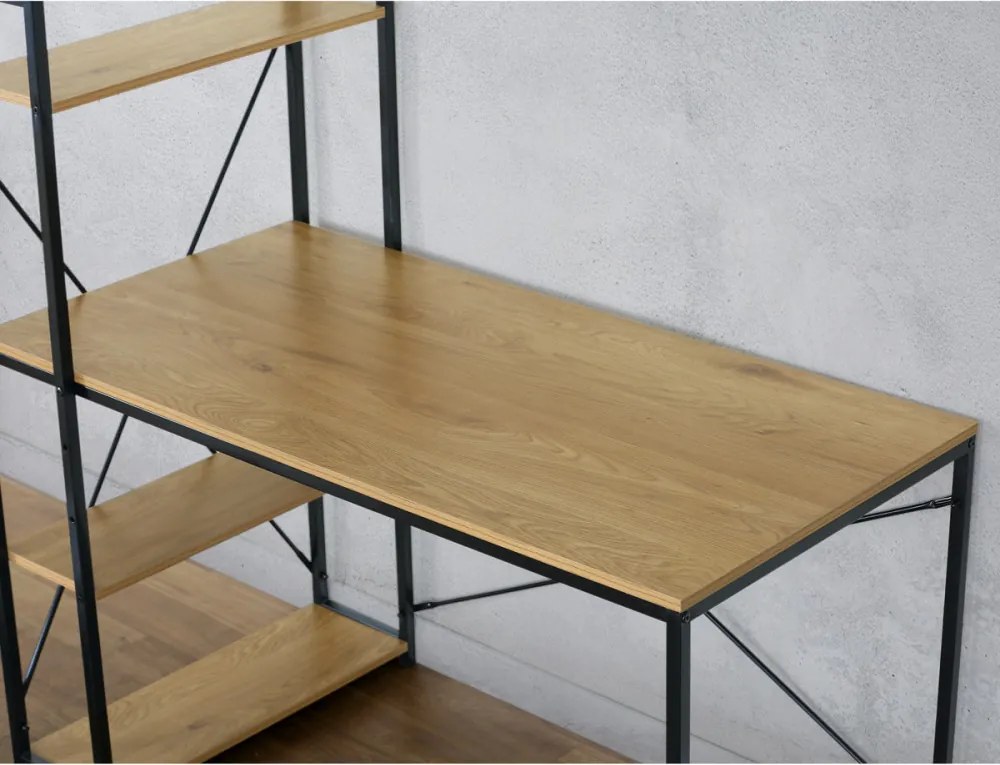 Polcos íróasztal, MDF, tölgy dekor, fekete fém GD-520