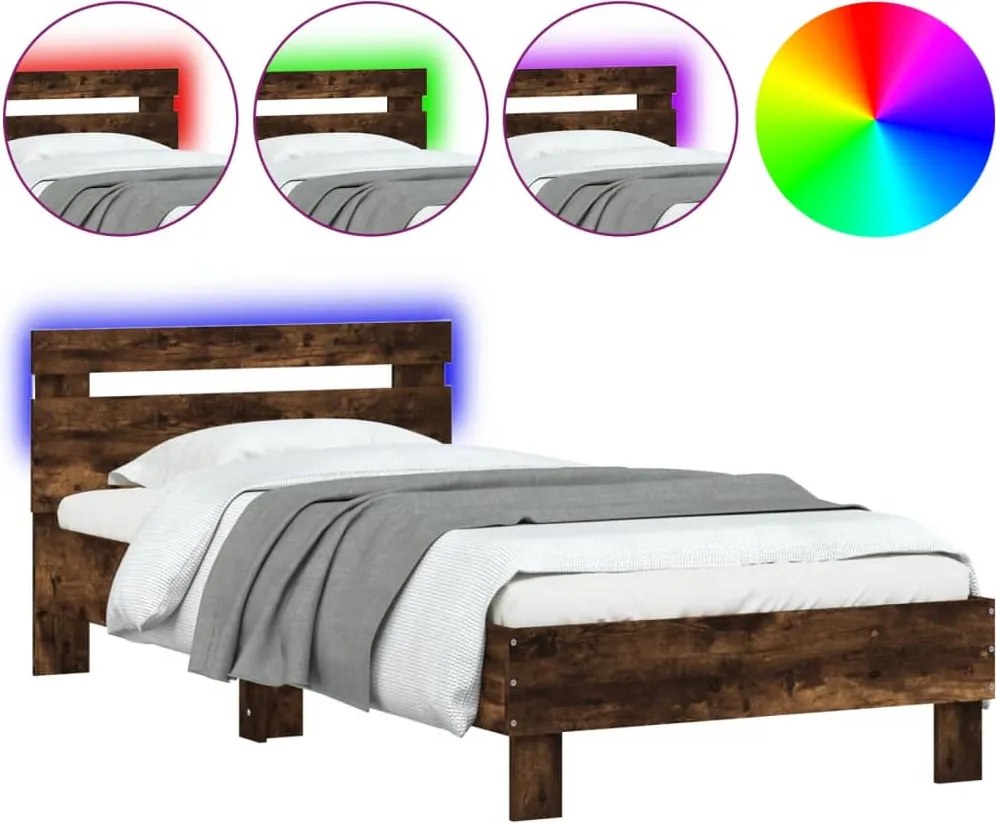 vidaXL füstös tölgy színű ágykeret fejtámlával és LED-ekkel 90x200 cm
