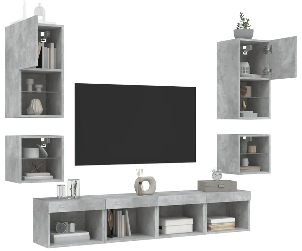 8 darab betonszürke szerelt fa fali TV-bútor LED-del