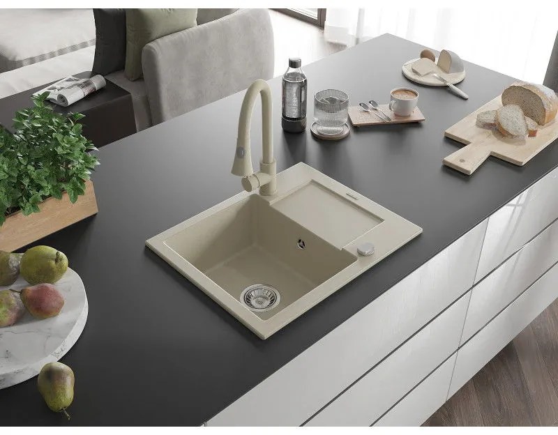 Mexen Enzo, 1 kamrás gránit mosogató 576x465x174 mm és Elia mosogató csaptelep, bézs, 6506-69-670101-69
