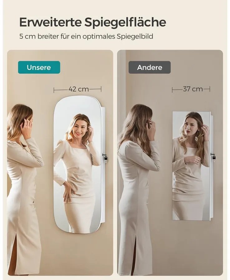 SONGMICS LED-es tükör ékszertárolóval 10×42×108 cm, fehér