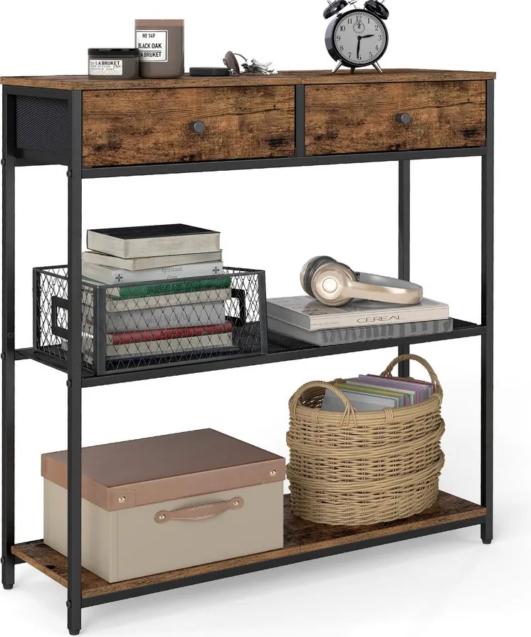 Keskeny konzolasztal 2 fiókkal, 3 szintes, rusztikus barna és fekete színben