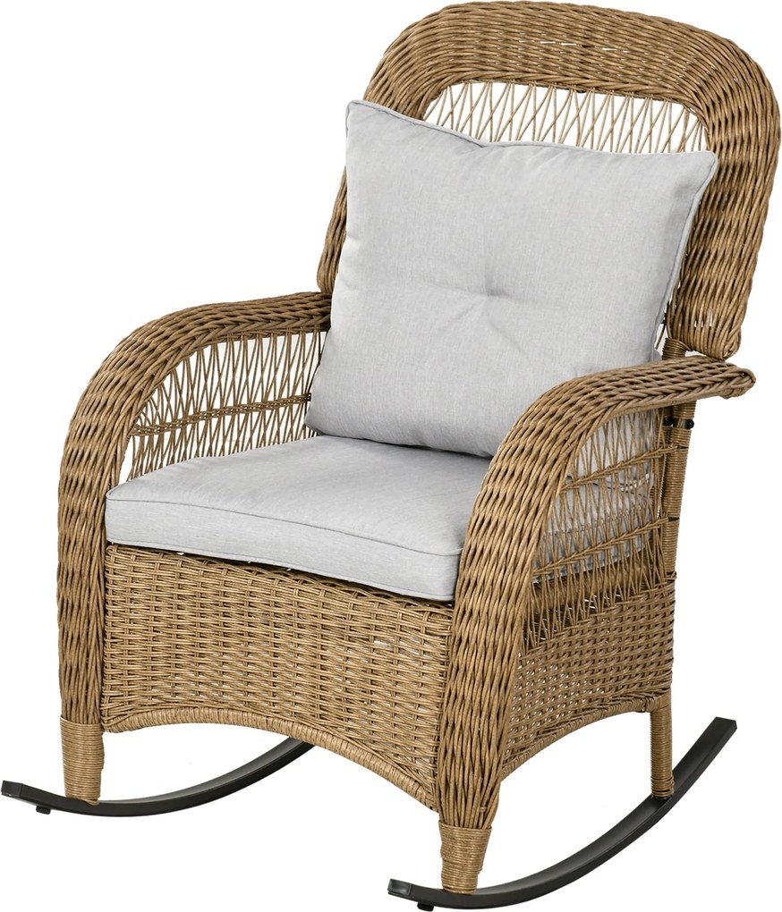 Outsunny Rattan Pihenőszék, Hintázó Karosszék Párnákkal, Kerti Szék Mosásra Mosható Párna Huzatokkal, Pihenőbútor Teraszra, Kertbe, Udvarra, Sárga, 69