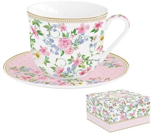 Porcelán reggelizőcsésze+alj 370ml dobozban,Garden Joy