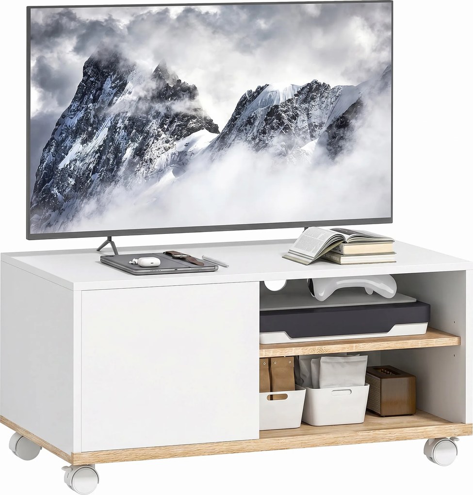 HOMCOM Rolling TV Stand with Cabinet, Cable Management & Adjustable Shelf, Fits TVs up to 32", White & Oak, 31.5 x 17.7 x 16.1 in | Aosom