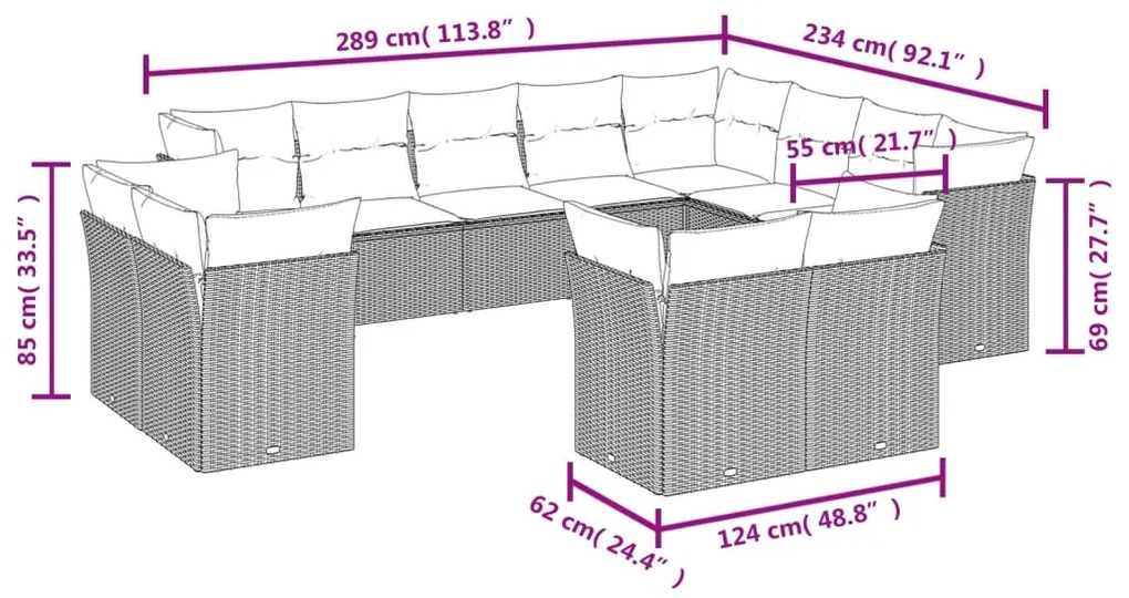 12 részes világosszürke polyrattan kerti ülőgarnitúra párnával