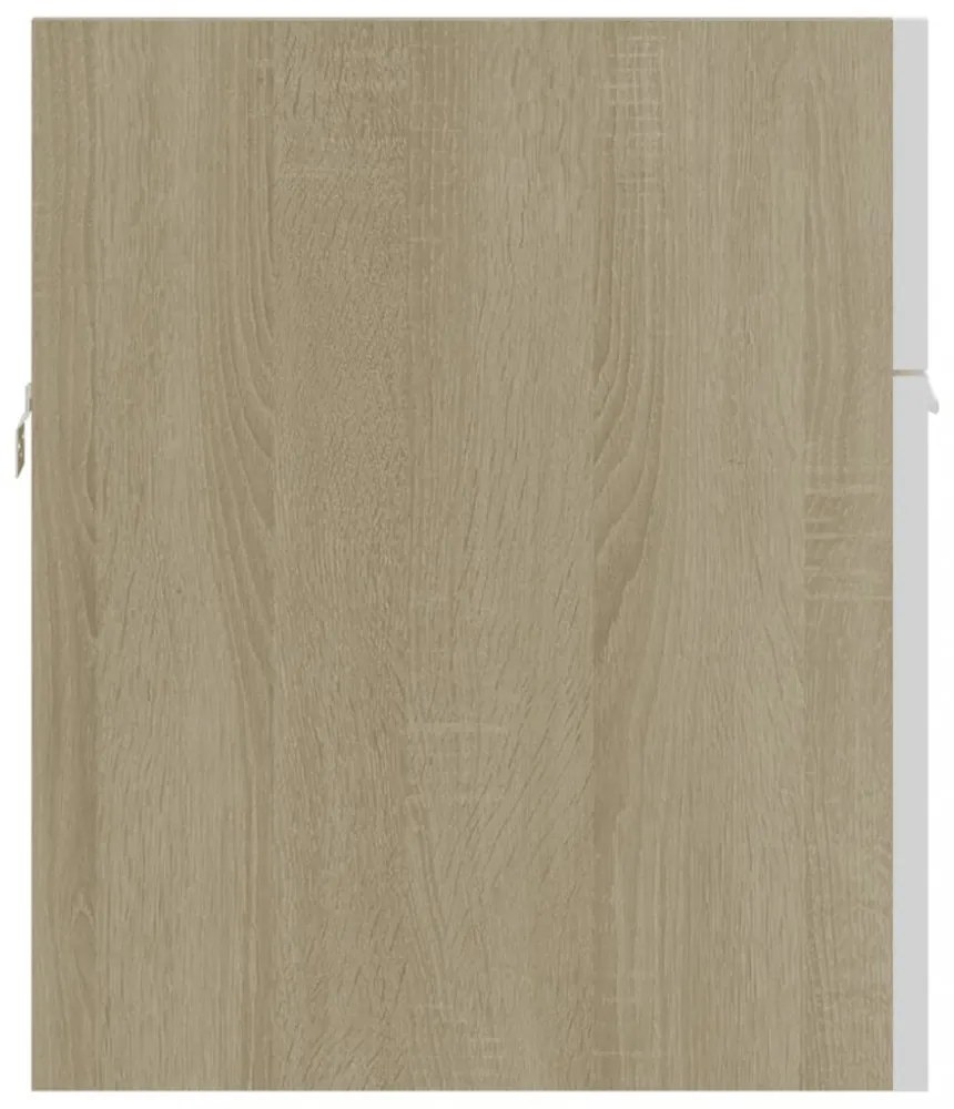 fehér, tölgyszínű szerelt fa mosdószekrény beépített kagylóval