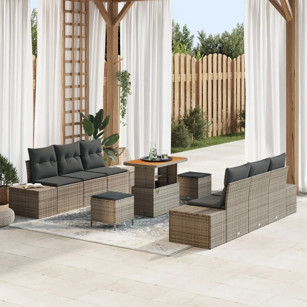 9 Részes Kerti Kanapé Készlet Párnákkal Szürke Poli Rattan Akácia, 2 Személyes Kerti Kanapé Párnákkal Szürke Poli Rattan, 3 Részes Kerti Étkező Készlet Párnákkal Szürke Poli Rattan Akácia
