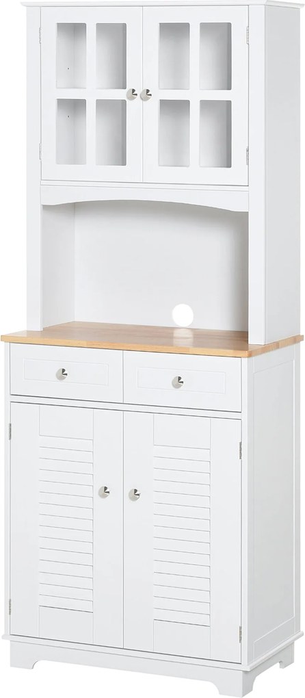 HOMCOM Konyhai Tálalószekrény Konyhaszekrény Étkezői Buffé 2 Fiókkal Állítható Polcokkal és Nyitott Polccal Fordulásgátló 68x39.5x170 cm Fehér | Aosom