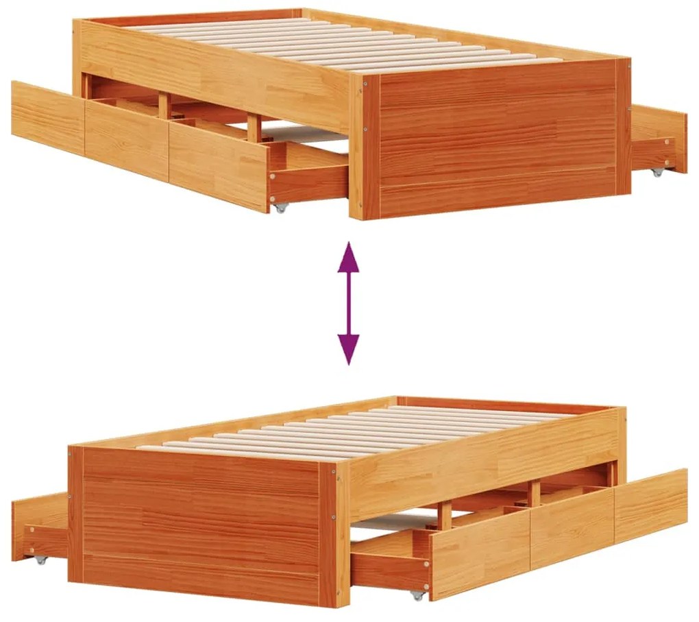 barna tömör fenyőfa fiókos ágykeret matrac nélkül 100 x 200 cm