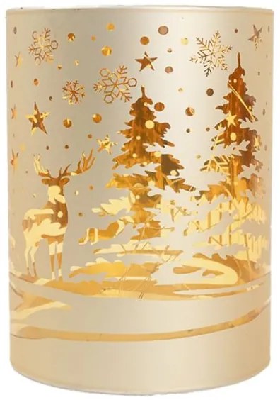 Karácsonyi üveg ledes mécses szarvasos és fenyőfás mintával - arany - 12x9 cm