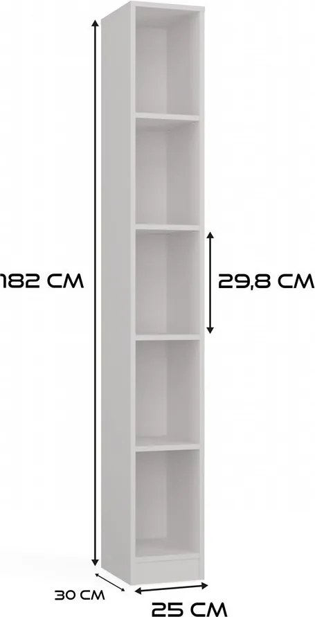 R25 polcos szekrény, könyvtartó, 25x182x30 cm, fehér