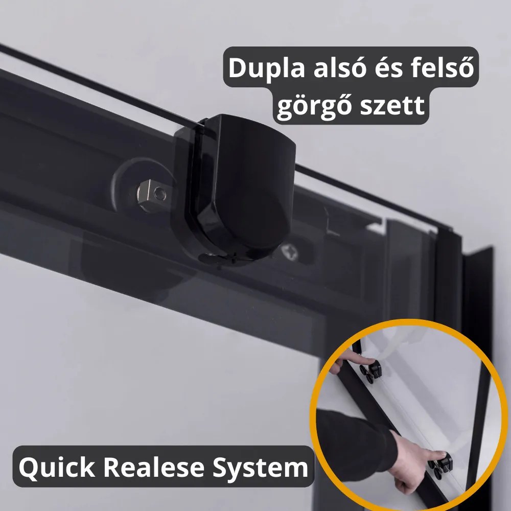 Stuxi Nizza Black 120x80 cm aszimmetrikus két tolóajtós zuhanykabin 6 mm vízlepergető biztonsági üveggel, fekete elemekkel, 190 cm magas, zuhanytálcával és szifonnal