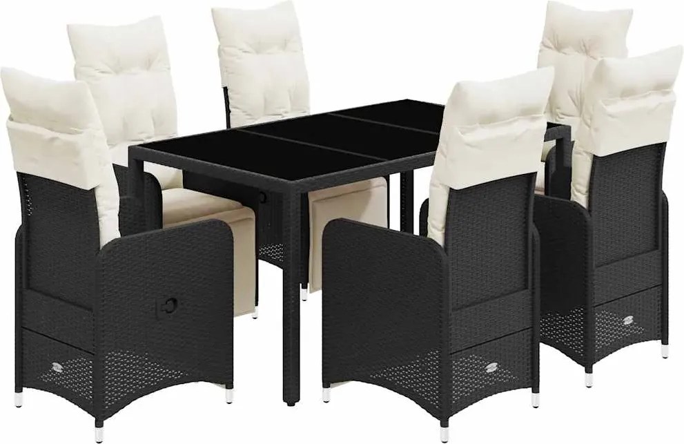 vidaXL 7 részes fekete polyrattan kerti bisztrógarnitúra párnákkal