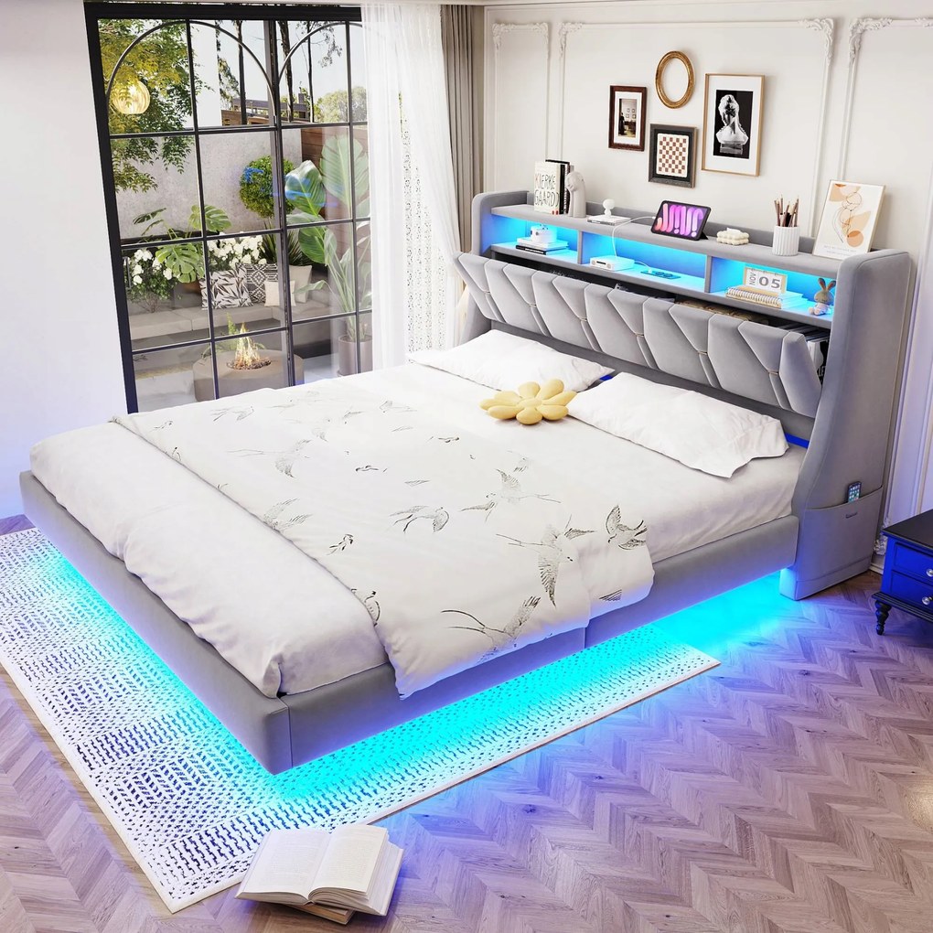 Kárpitozott ágy Dupla ágy Led aljzatok Tárolórekeszek szürke 180x200cm