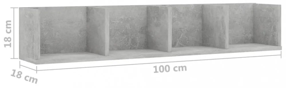 betonszürke szerelt fa CD-tartó fali polc 100 x 18 x 18 cm