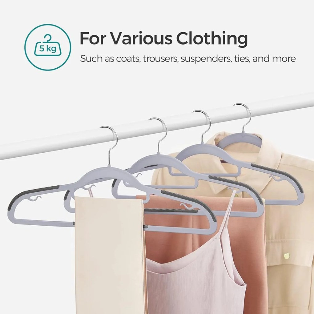 Csúszásmentes nagy teherbírású műanyag vállfák 50 db-os csomag, világos és sötétszürke