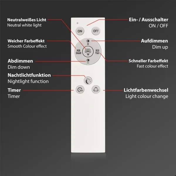 Briloner 7494016-LED RGBW dimmelhető mennyezeti lámpa, okos LED/22W/230V, 4000K, + távirányító, Tuya-kompatibilis Wi‑Fi