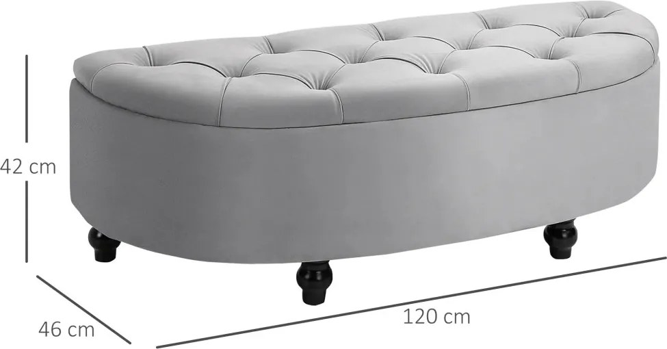 HOMCOM Tárolópad, Kárpitozott pad bársonyhatású bevonattal, tárolósláda falábakkal, 120 x 46 x 42 cm, szürke