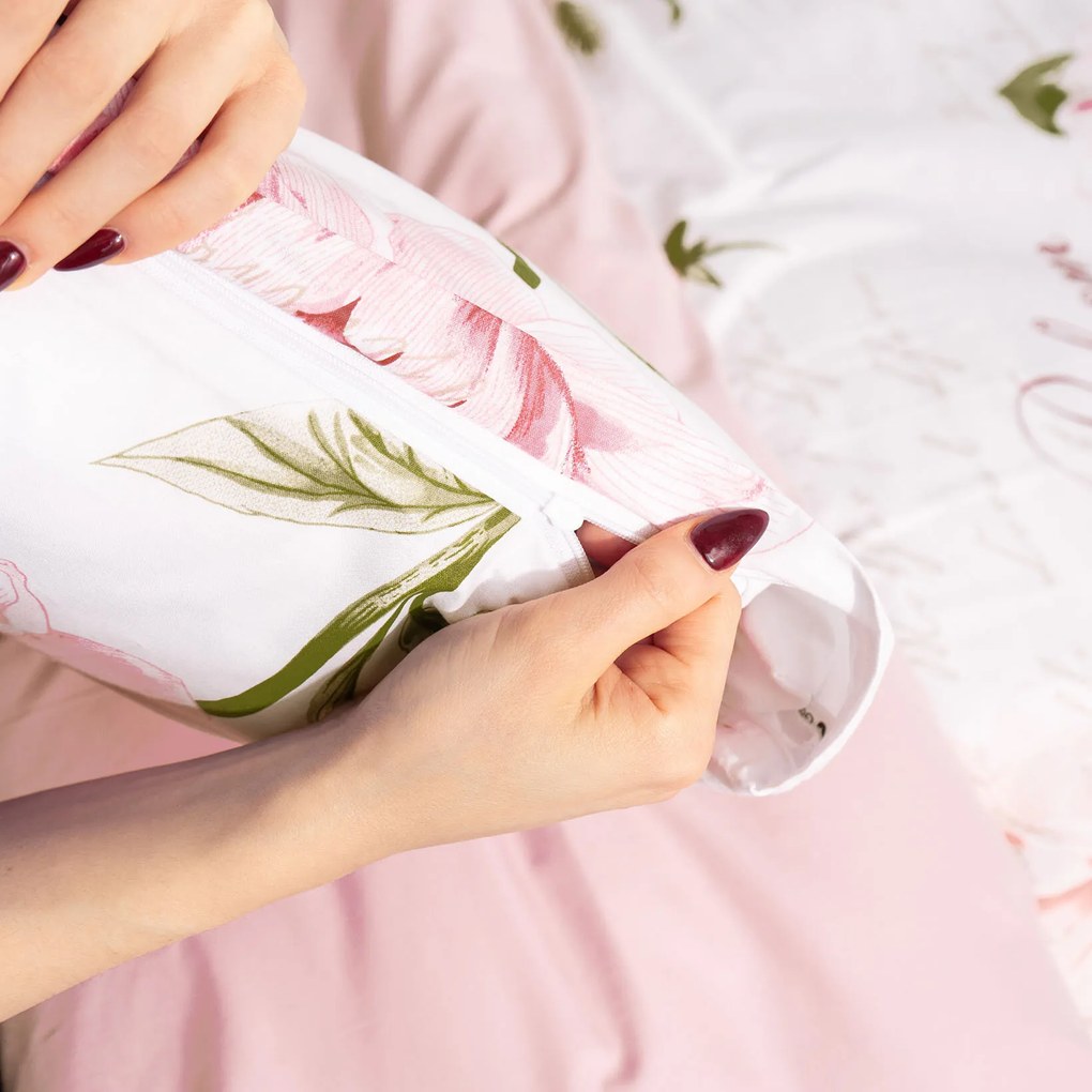 Goldea pamut ágyneműhuzat duo - pünkösdirózsa mintás, púderrózsaszín hátoldal 140 x 200 és 70 x 90 cm