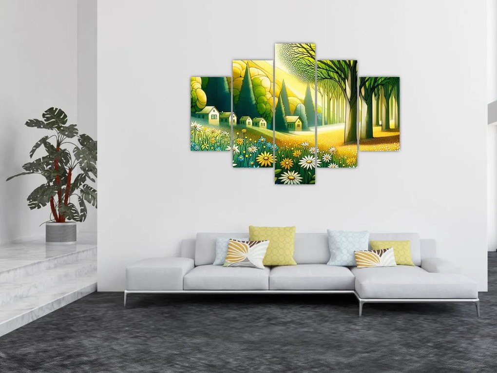 Kép - Falu sárga-zöld színekben (150x105 cm)