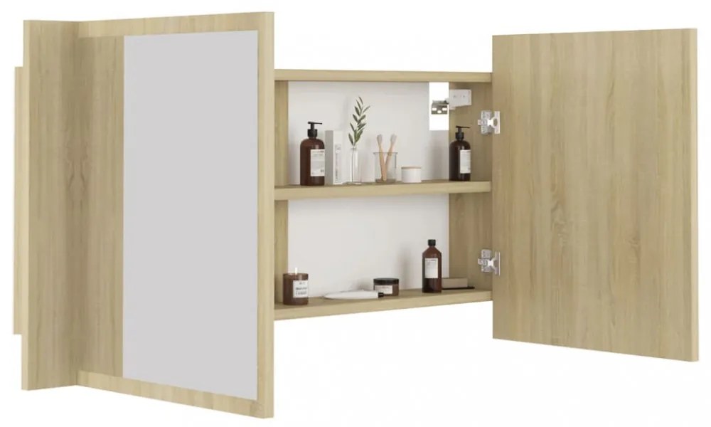 tölgyszínű akril LED-es tükrös fürdőszobaszekrény 90x12x45 cm