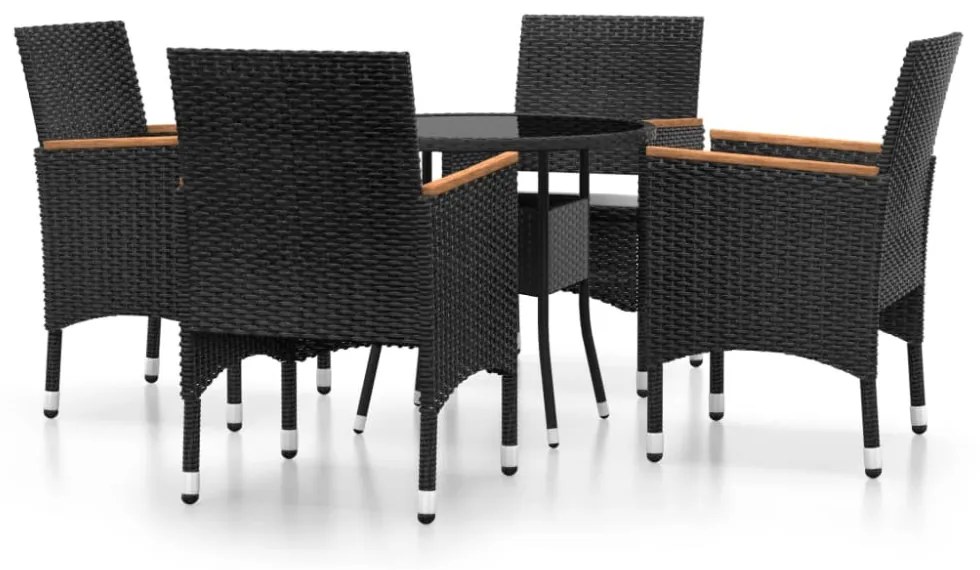5 részes fekete polyrattan és edzett üveg kerti bisztrószett