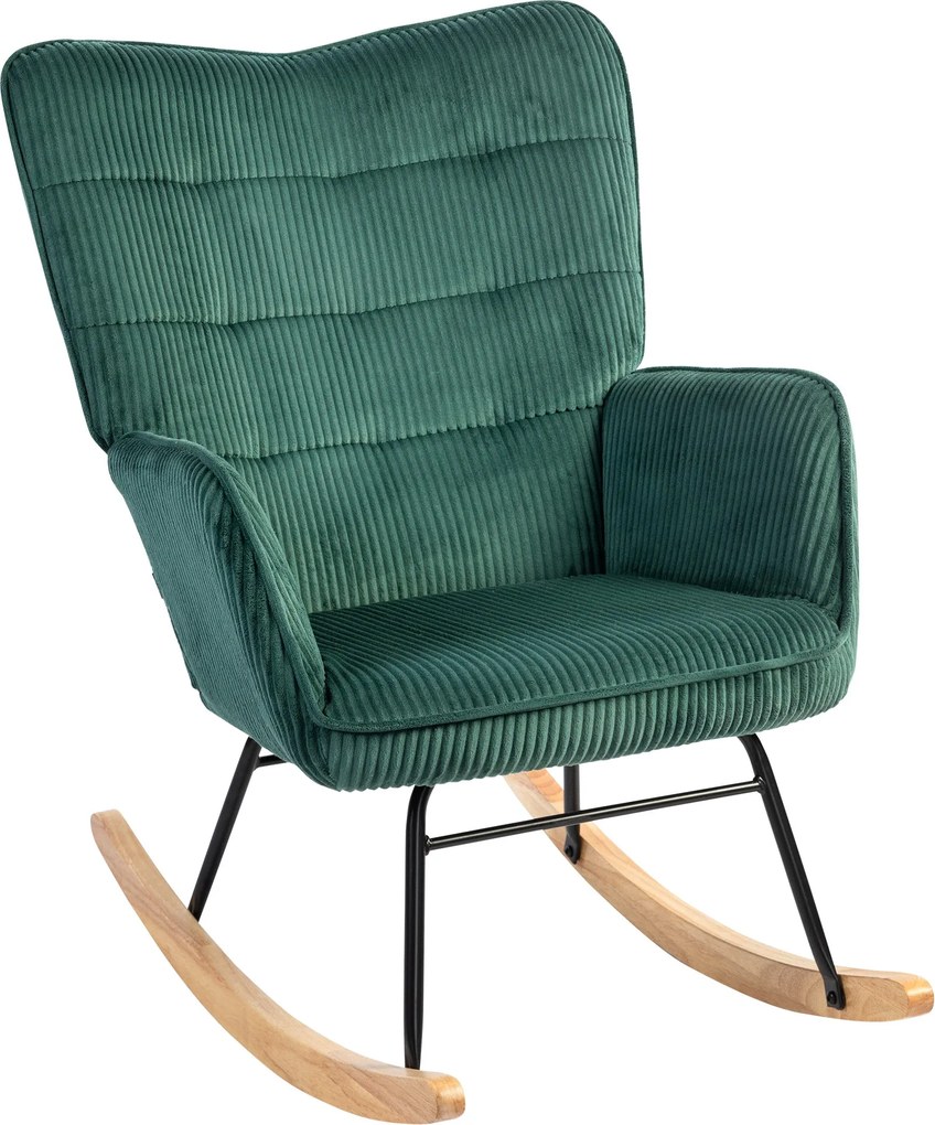 HOMCOM kordbársony hintaszék — párnázott karosszék fa hintalábakkal, gombos háttámla, nappaliba és hálószobába, sötétzöld, 120 kg teherbírás | Aosom