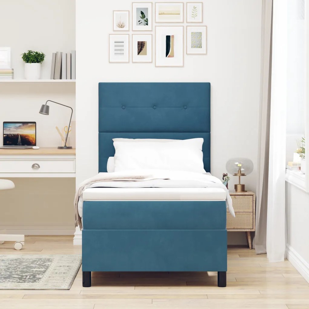 Box Spring Ágy Matrac & LED Sötét Kék 90x200 cm Bársony