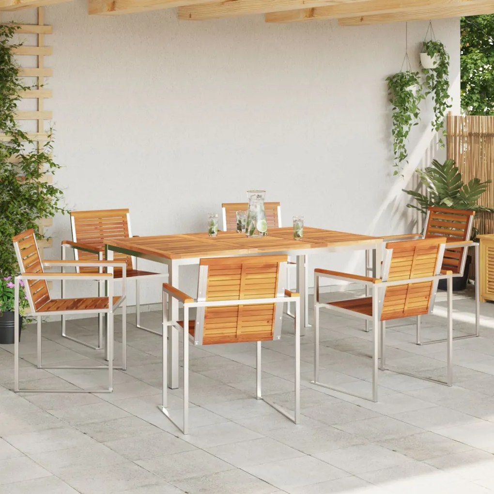 7 Darabos Kert Étkezőszett Tömör Akácfából, Kültéri Étkezőasztal 150x90x75 cm Tömör Akácfából