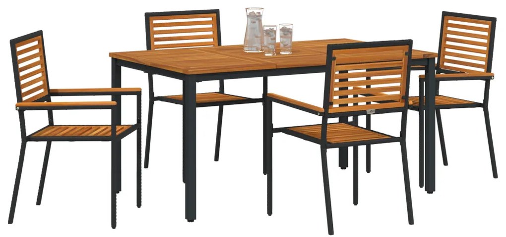 5 Darabos Kerti Étkező Szett Fekete Poli Rattan Akáciából, Egymásra Rakható Kerti Székek párnahéj 2 db Fekete Poli Rattan, Kerti Asztal 150x90x75 cm Szilárd Akácia Fa és Fém