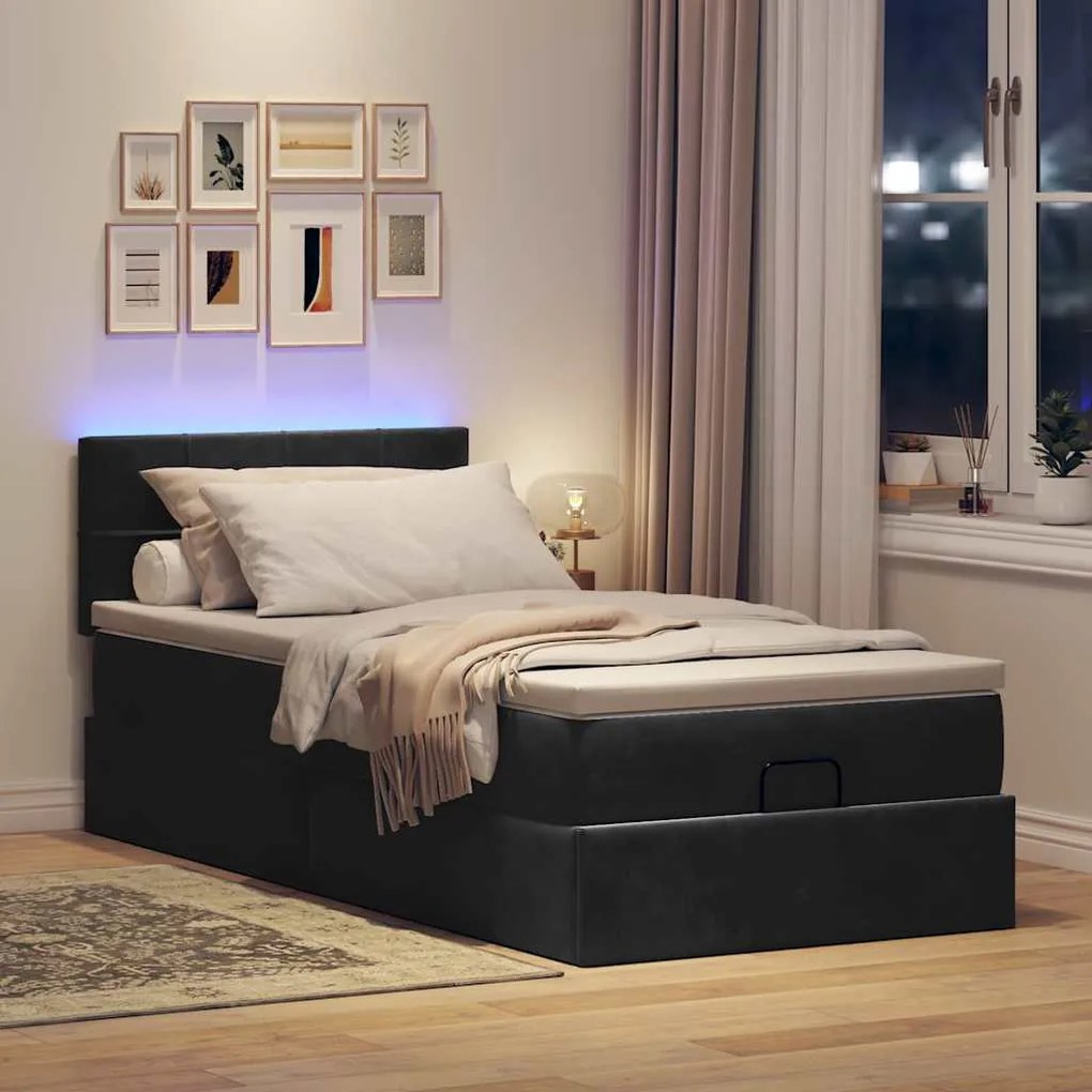 fekete bársony ottomán ágy matraccal &amp; LED-ek 80x200cm