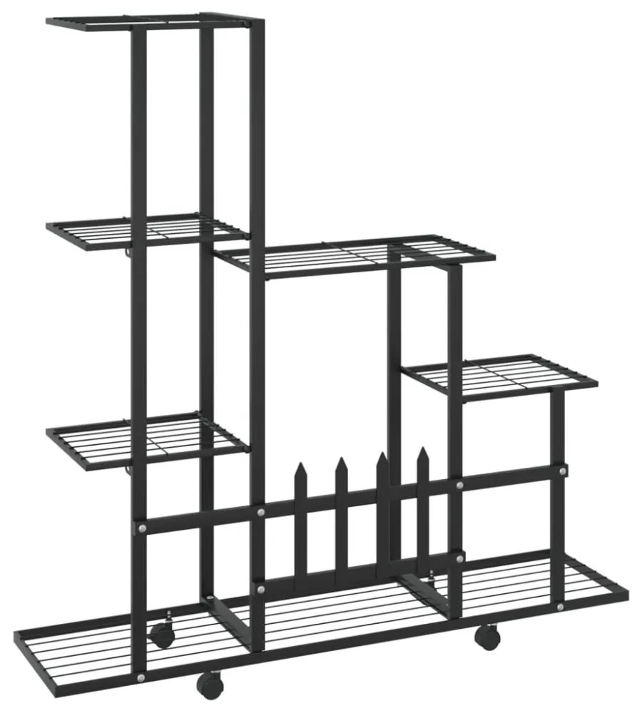 fekete acél virágtartó állvány kerékkel 94,5 x 25 x 92,5 cm